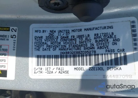 2008 Toyota Corolla Ce z USA, uszkodzony, nr VIN 1NXBR32E88Z035278